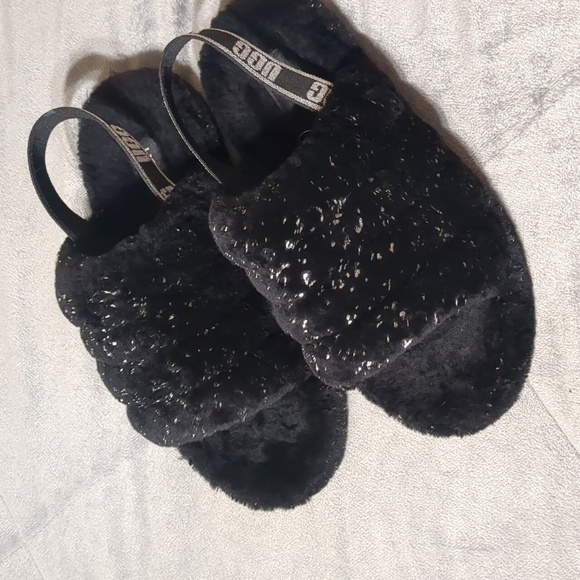 ugg fluff yeah metallic sparkle slides black silver women's size 5.5 - Picture 2 of 11